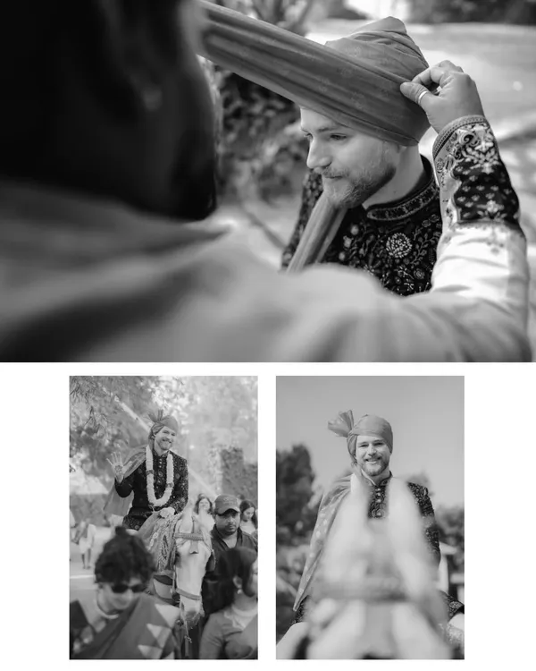 A beautiful collage from Pavitra and Myles's wedding, showing the groom embracing Malayali traditions. It's a perfect example of a "Two States" story, blending Canadian grace with Indian heritage in Bangalore.