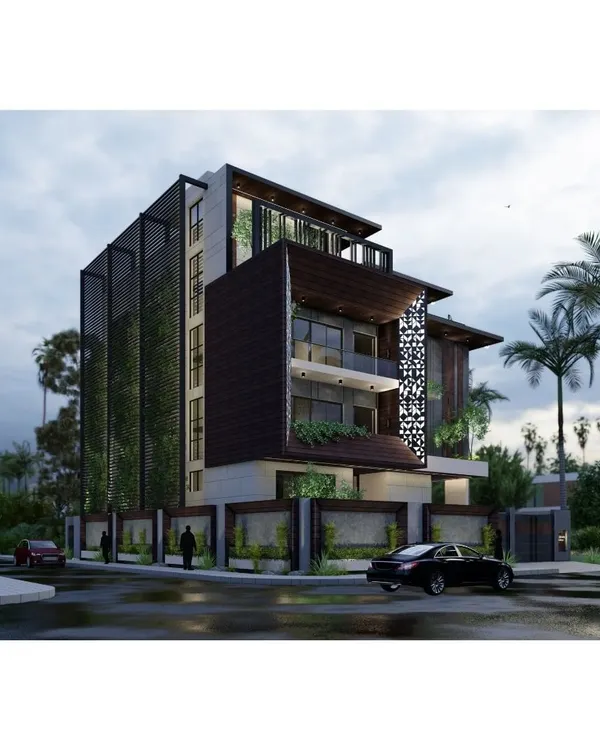 This is 'Meraki', an 18,000 sq.ft. residence we designed for a doctor's family. The architecture focuses on creating a wholesome environment for peace and comfort, featuring a modern facade with vertical gardens and intricate screen work for a touch of zen.