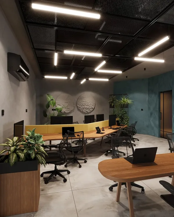 A visualization of an open-plan workspace designed for a dynamic team. I used a combination of shared desks, ample greenery, and a unique ceiling grid with integrated lighting to foster a collaborative and energizing atmosphere.