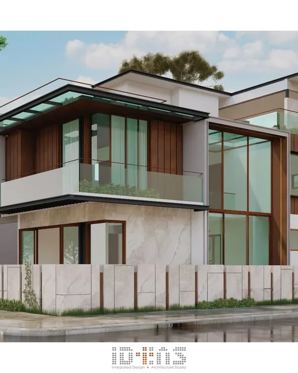 A proposed elevation where glass, stone, and wood create a harmonious balance. Expansive glass panels are designed to maximize natural light, while the stone base provides a sense of permanence and the wood cladding adds warmth.