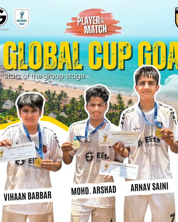 Stars of the group stage. Vihaan, Mohd. Arshad, and Arnav recognized as Player of the Match for their standout performances at the Global Cup Goa.