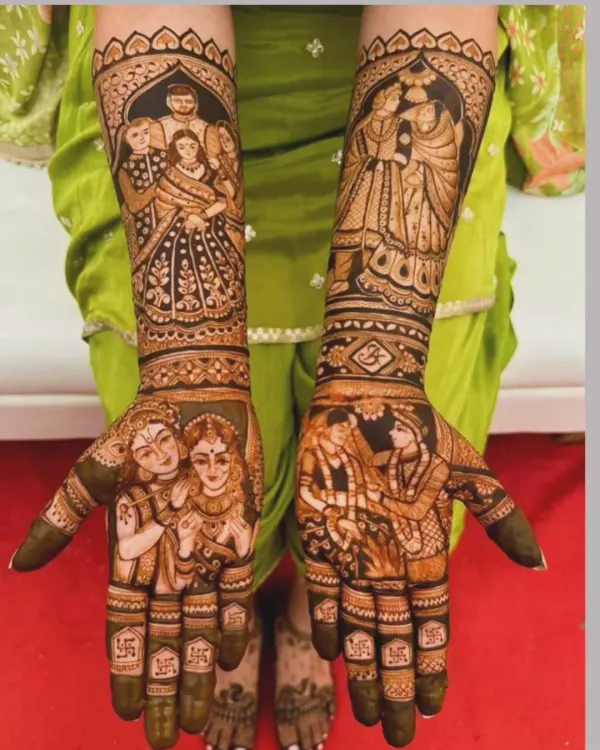This bridal mehendi is a tribute to family. It features portraits of the bride's family on her arms and her own bridal portrait, ensuring her loved ones are with her every step of the way.