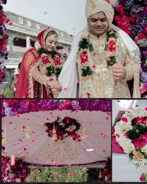 A collage showing the couple's journey to the mandap, adorned with enchanting pink and purple florals. This setup at Ramada Udaipur was designed to be a perfect ode to romance.