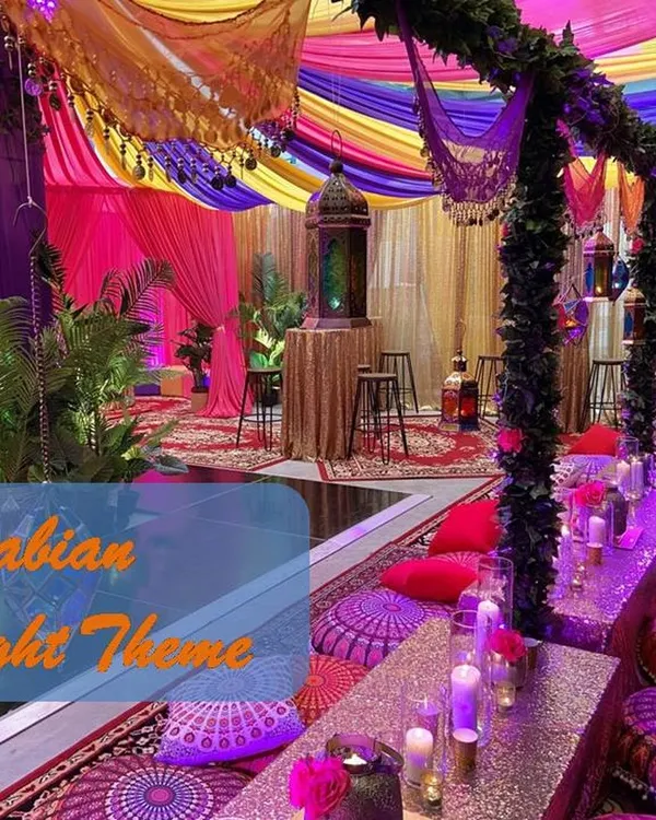 We transformed this venue into a vibrant Arabian Nights setting for a corporate gala. This setup features rich fabric draping, traditional low seating with colorful cushions, and authentic lantern centerpieces to create a fully immersive themed experience for your employees and guests.