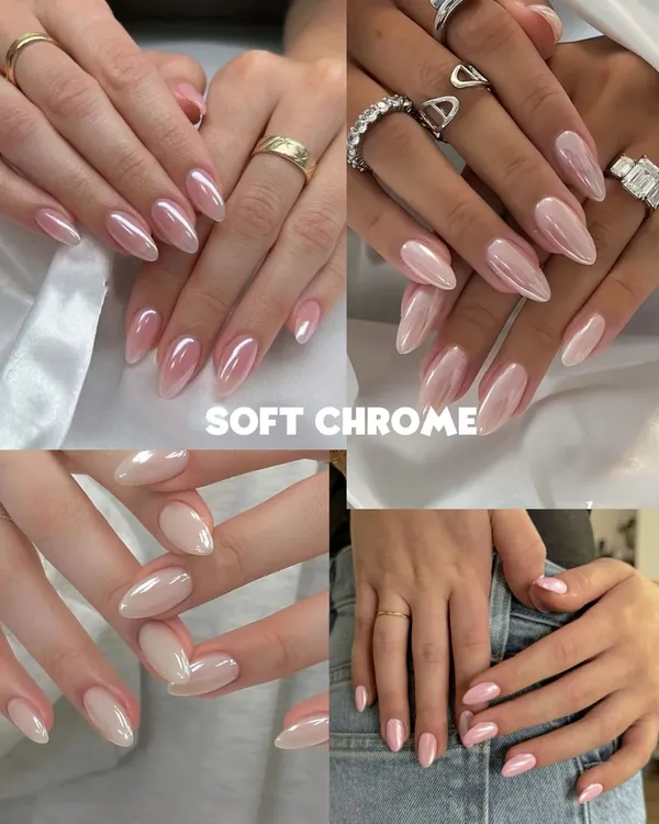 Soft chrome is the trend that's here to stay. This collage shows its versatility, from pearly almond shapes to soft pink ovals, all giving that signature clean, glossy, and reflective finish.