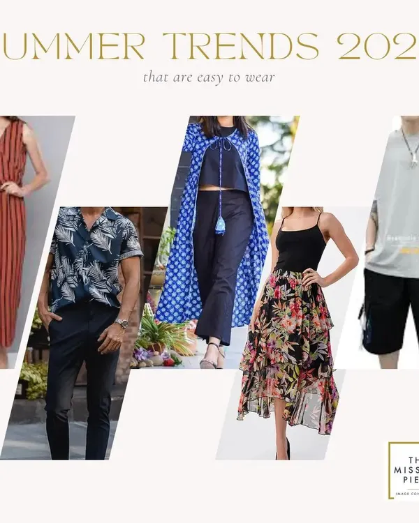 This collage showcases some easy-to-wear summer trends. We focus on looks that are both stylish and practical, featuring everything from printed jumpsuits for women to patterned shirts for men.
