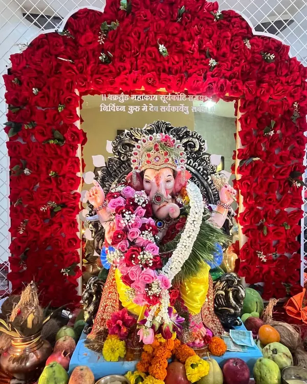 A beautiful pink and red rose kanthi I made, seen here adorning a Ganpati idol during a festival. The garland is set against a stunning backdrop of red roses.