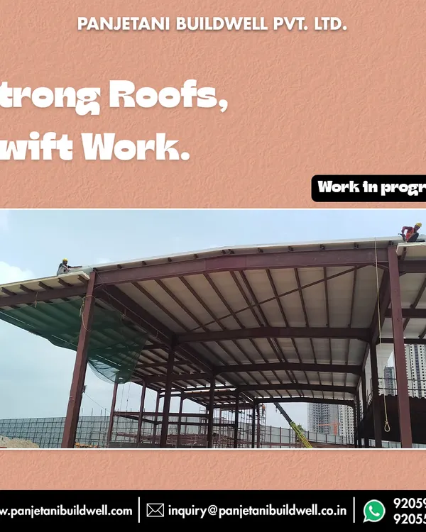 A work-in-progress shot of our PUF roof panel installation at Experion, Gurgaon. This image shows the steel framework being covered, demonstrating our commitment to strong roofs and swift work on large-scale projects.