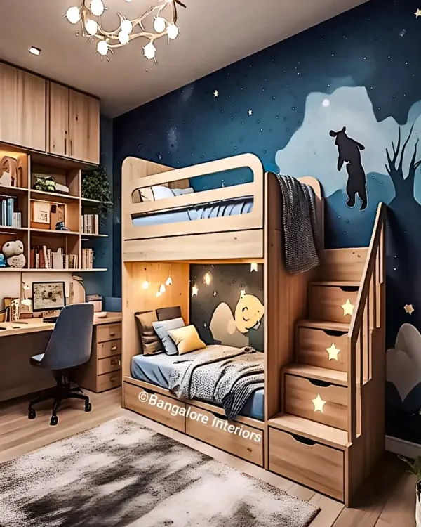 We designed this magical kids' room with a custom bunk bed that features star-cutout stairs with built-in drawers. The room is completed with a full study unit and a beautiful night-sky mural, creating a dreamy space for sleep and study.