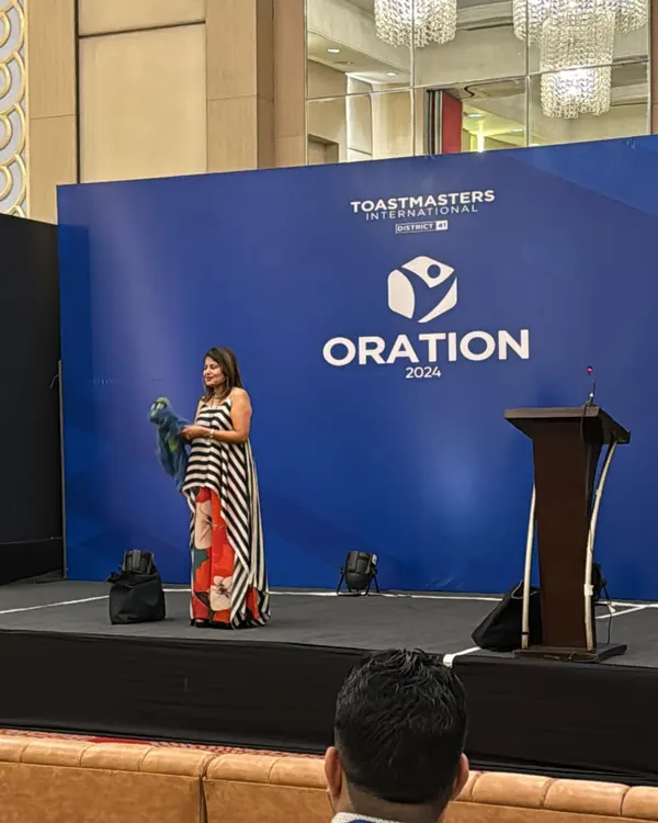 On stage at Oration 2024, a Toastmasters International event in Gurgaon, where I was invited as a keynote speaker.