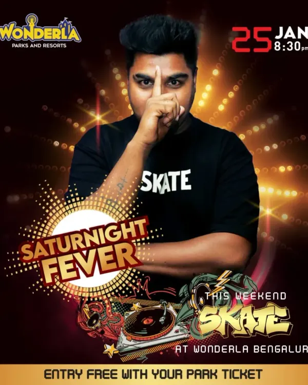 The official event flyer for my "Saturnight Fever" show at Wonderla Bengaluru, a major event open to all park visitors.
