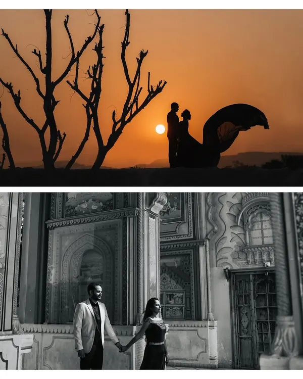 This composite image showcases two of my favorite cinematic techniques: a dramatic sunset silhouette with a flowing gown and a moody black and white portrait within a heritage location.
