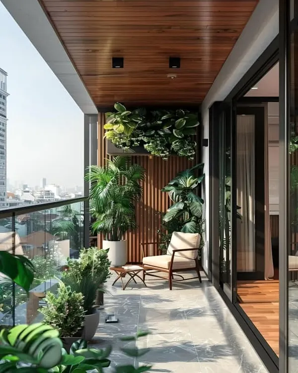 This long balcony features a striking wood-paneled accent wall and ceiling, creating a warm yet modern look. The design is kept minimal with a single armchair and carefully placed plants to maintain an open, uncluttered feel.