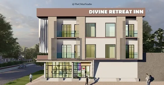 This is a frontal elevation render for the Divine Retreat Inn, showcasing its clean, modern lines and balanced composition. The design features prominent signage and a mix of open balconies and rhythmic windows to create a welcoming and professional look.