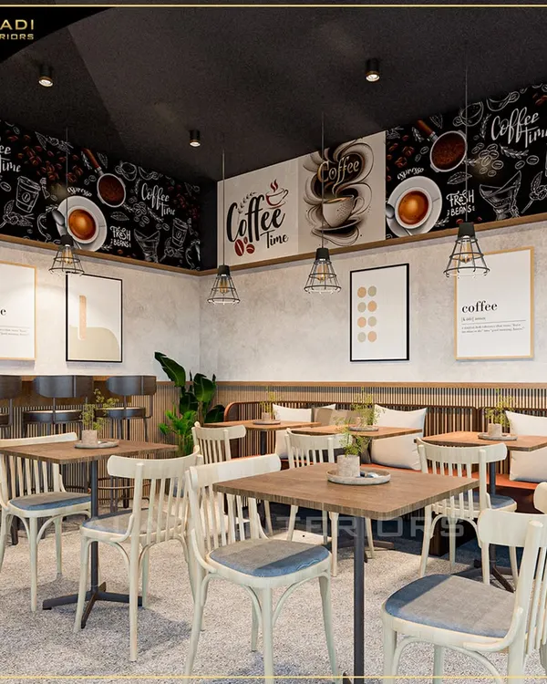 This modern cafe interior showcases my approach to creating inviting commercial spaces. I designed a mix of seating options, including comfortable booth seating and flexible tables, under a dark ceiling with industrial-style pendant lighting to create a warm, buzzing atmosphere.