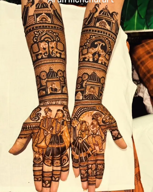 A clear, watermarked version of my signature storytelling mehendi, showing the intricate details of the couple portraits and wedding scenes.