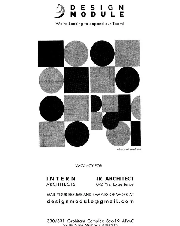 Design Module Architects in Navi Mumbai has a vacancy for Intern Architects and fresh graduates, offering experience in a diverse portfolio of projects.