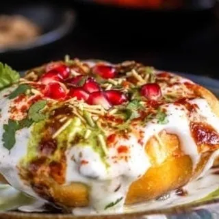 A delicious plate of Raj Kachori, a classic Delhi street food. The crispy shell is filled with potatoes, sprouts, and yogurt, then topped with sweet and spicy chutneys, sev, and pomegranate seeds.
