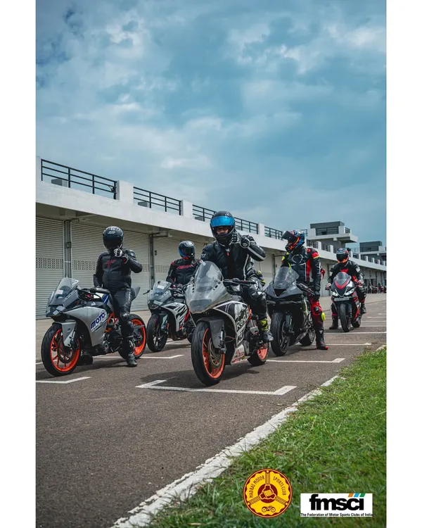 This is a classroom you'd pay attention in. Riders lined up in the pit lane, ready to head out for their session at the Madras International Circuit.