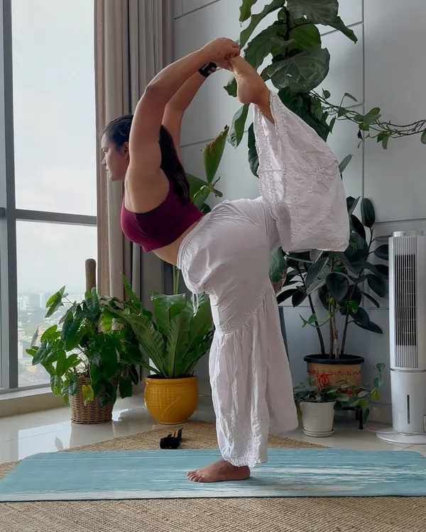 Natarajasana, or Lord of the Dance Pose. This beautiful backbend is a challenging combination of balance, flexibility, and strength. It opens the shoulders and chest while strengthening the legs and core.