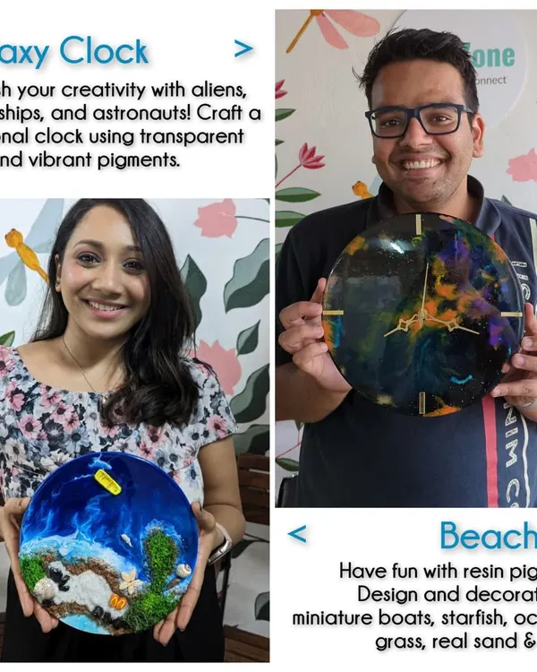 A showcase of the incredible variety you can create with resin. From beach art with real sand and shells to galaxy clocks with swirling cosmic dust, the possibilities are endless in our workshops.
