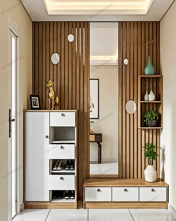 This custom foyer unit features a combination of closed and open shoe storage, a comfortable seating bench, a full-length mirror, and a stylish wooden slat partition for a clean, modern look.