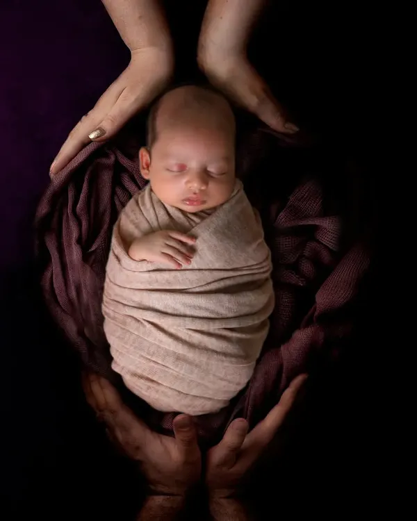 A classic newborn portrait showing the baby safely swaddled and held in parents' hands. This style of photo emphasizes how tiny and new they are.