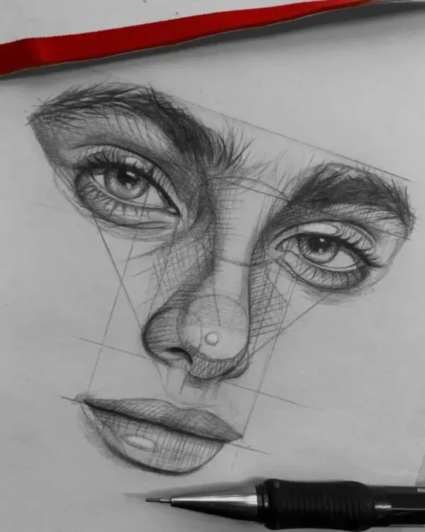 The final step of a facial anatomy tutorial, showing how basic shapes and lines can be built up into a realistic, shaded face.