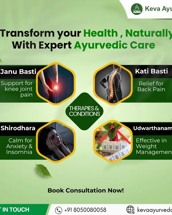 We provide natural, expert Ayurvedic care to transform your health. Our targeted therapies include Janu Basti for knee joint pain, Kati Basti for back pain relief, Shirodhara to calm anxiety, and Udwarthanam for effective weight management.