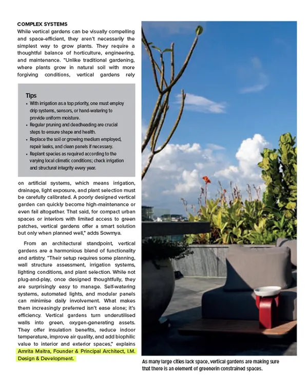 I was proud to be featured in Architect and Interiors India, where I shared my insights on the complexities and benefits of creating sustainable vertical gardens. It is a topic I am passionate about, as it blends horticulture, engineering, and biophilic design.