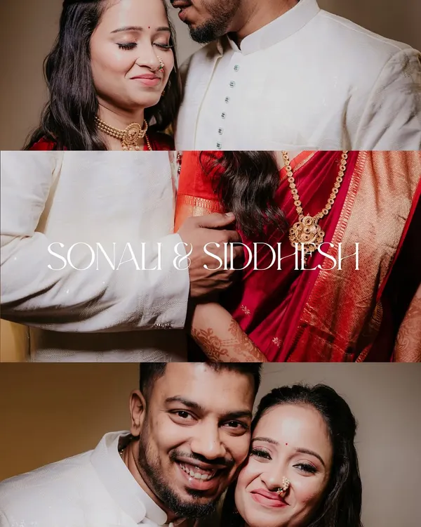 A creative collage from Sonali and Siddhesh's engagement, blending close-ups and happy portraits to tell the story of their day.