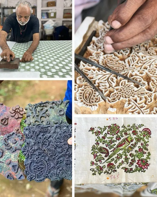 A postcard from our studio, capturing the four pillars of our craft: the artisan's hand, the intricate carving, our vintage blocks, and the final printed textile. Best wishes from our family to yours.