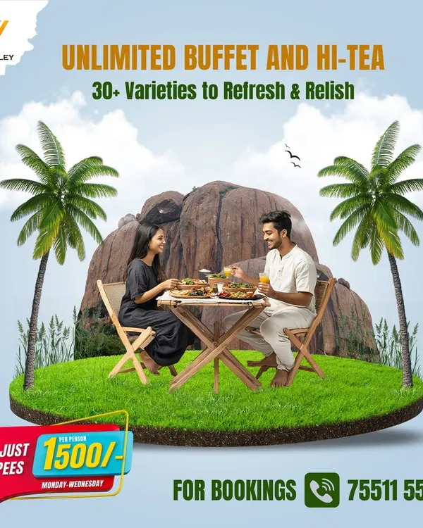 Enjoy an unlimited buffet and hi-tea with over 30 varieties to refresh and relish. A couple is seen enjoying their meal with a beautiful mountain view.