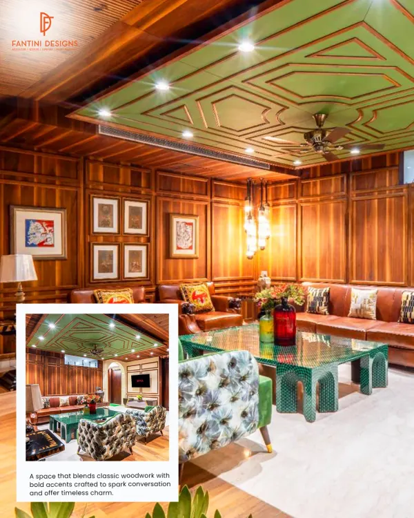 This living room is a great example of how I mix classic woodwork with bold, modern accents. The rich wood paneling provides warmth, while the patterned armchair and green table add a spark of personality and make for a great conversation starter.