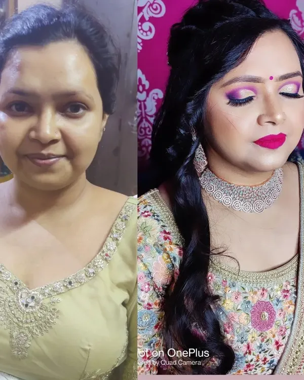 A direct before and after comparison for an engagement look. You can see how the right makeup technique, including dramatic eye makeup and a bold lip, completely transforms the face while still looking like her.