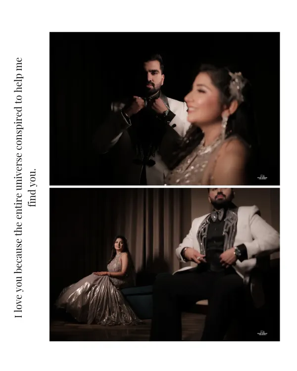 A dramatic two-panel portrait of a couple dressed in elegant evening wear. The moody lighting and sophisticated poses create a high-fashion, luxurious feel.