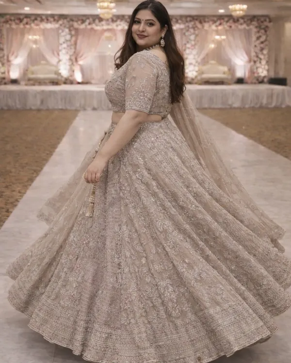 Feel beautiful and confident in this elegant plus-size lehenga in a subtle beige shade. The full skirt allows for a gorgeous twirl, showcasing the delicate all-over embroidery that shimmers as you move.