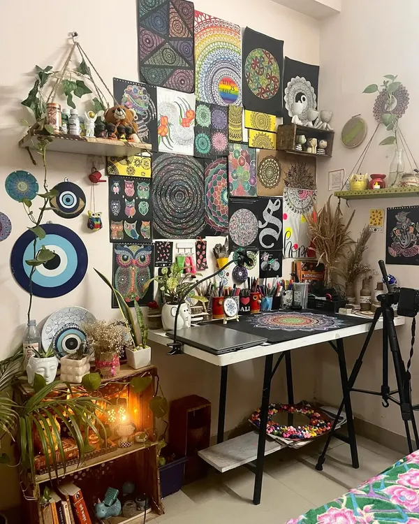 This is my art space, a corner of my home that I've filled with my creations. It's more than just a studio; it's where I find peace, meditate, and connect with my creativity.