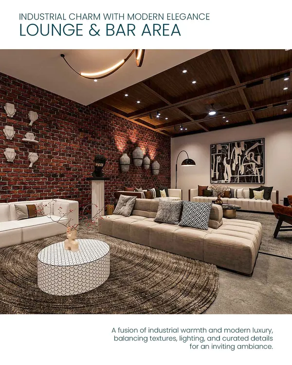 This lounge and bar area is a fusion of industrial warmth and modern luxury. We balanced raw brick walls and a wood-coffered ceiling with plush seating and curated art for an inviting ambiance.