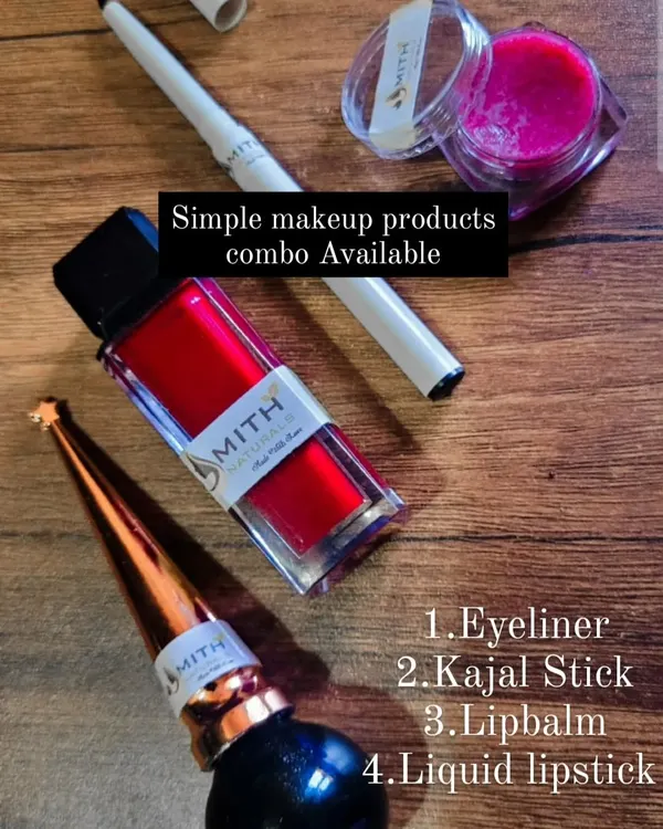 This is my simple, all-natural makeup combo, perfect for your daily routine. It includes my gentle homemade eyeliner, a non-irritating kajal stick, a nourishing lip balm, and a vibrant liquid lipstick, all made by me with safe ingredients.