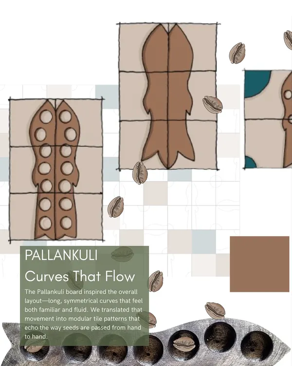 The design process for our Pallankuli tiles started with the game's symmetrical, flowing curves. We translated this movement into modular patterns that echo the way seeds are passed from hand to hand, creating a gentle, organic rhythm.