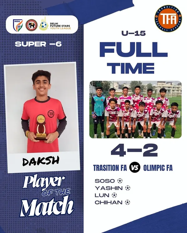 A 4-2 victory for my U-15s in the Delhi Youth League, with Daksh earning Player of the Match. We celebrate both team wins and individual performances.