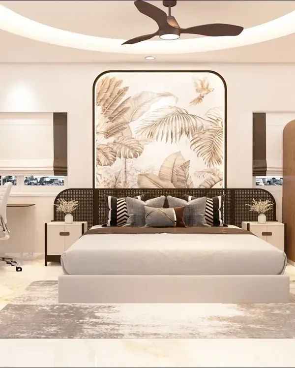 Where every detail whispers comfort. This luxurious bedroom features a stunning art piece behind the bed, a cozy bay window seat, and an integrated study desk, creating a space that is both stylish and multifunctional.