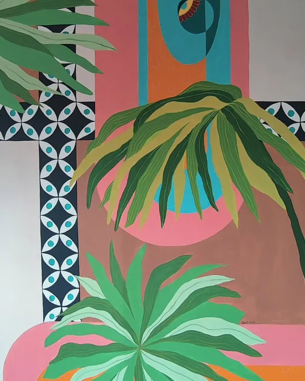 A detailed section of a large custom painting inspired by tropical flora and geometric tiles. I combined lush green palm leaves with intricate patterns to create a piece that feels both organic and structured.