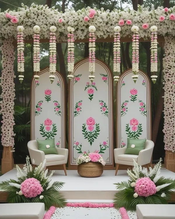 An elegant and serene stage for a Mehendi or Haldi ceremony. The backdrop features hand-painted floral motifs, complemented by hanging floral strings and beautiful pink and white flower arrangements.