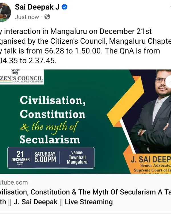 The poster for my talk in Mangaluru on "Civilisation, Constitution & the myth of Secularism". In this session, I addressed the inherent contradictions in the application of secularism in India and its impact on our civilizational identity.