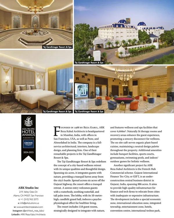 This collage showcases our award-winning work on the Taj Gandhinagar Resort & Spa. The project was a deep dive into creating a city-based wellness retreat, integrating guest rooms, a 10-meter high lobby, and spa facilities with nature to promote healthy living.