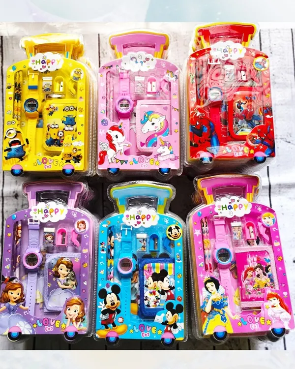 I have a wide range of trolley-shaped stationery sets that come with a matching watch and wallet. Themes include Minions, Unicorns, Spider-Man, Princesses, and Mickey Mouse.