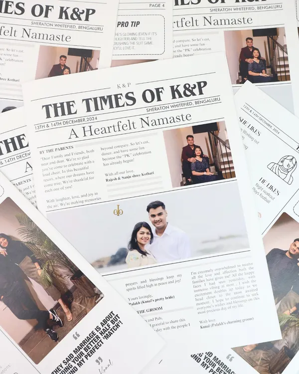 Make your wedding announcement extra special with these custom newspaper-style itineraries. "The Times of K&P" is a fun and unique way to share your story and wedding details with guests.