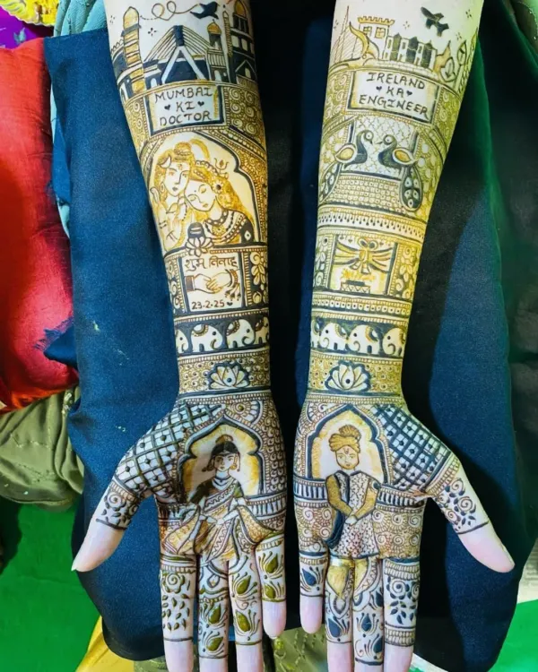This is what I call telling a love story with henna. For this bride, I wove her entire journey into the design, from being a doctor in Mumbai to her partner, an engineer in Ireland. This is the kind of detailed, personalized art I love creating and teaching.